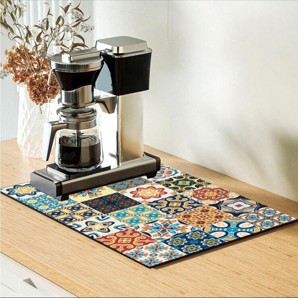 Colorful, bohemian tile pattern kitchen mat